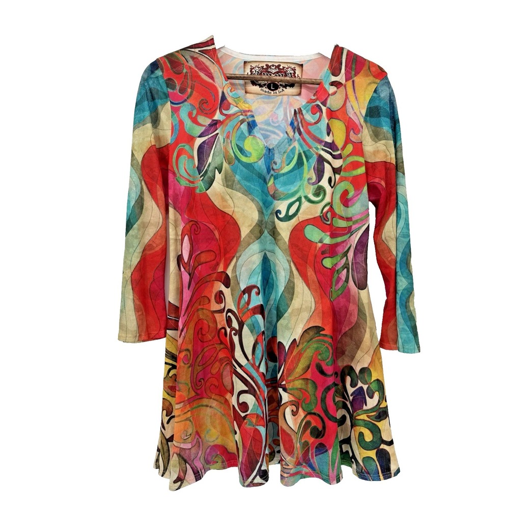 Amma Design Tunic Top Artsy L Floral 3/4 Sleeve Bohemian USA Festival sheer